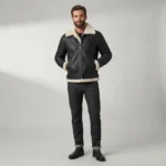 Men’s Black Shearling Aviator Jacket with Cream Fur Collar