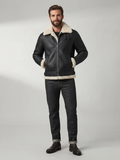 Men’s Black Shearling Aviator Jacket with Cream Fur Collar