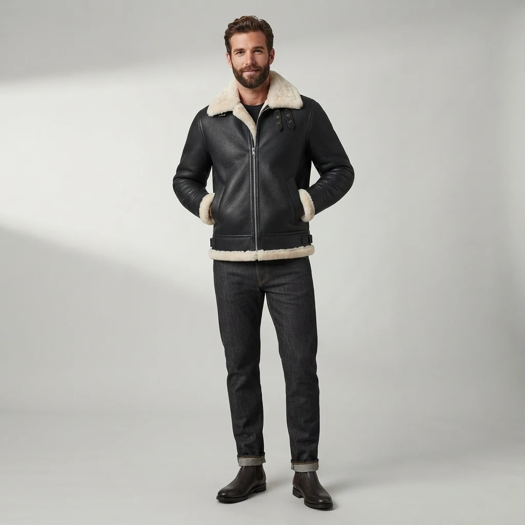 Men’s Black Shearling Aviator Jacket With Cream Fur Collar (4) Men’s Black Shearling Aviator Jacket with Cream Fur Collar