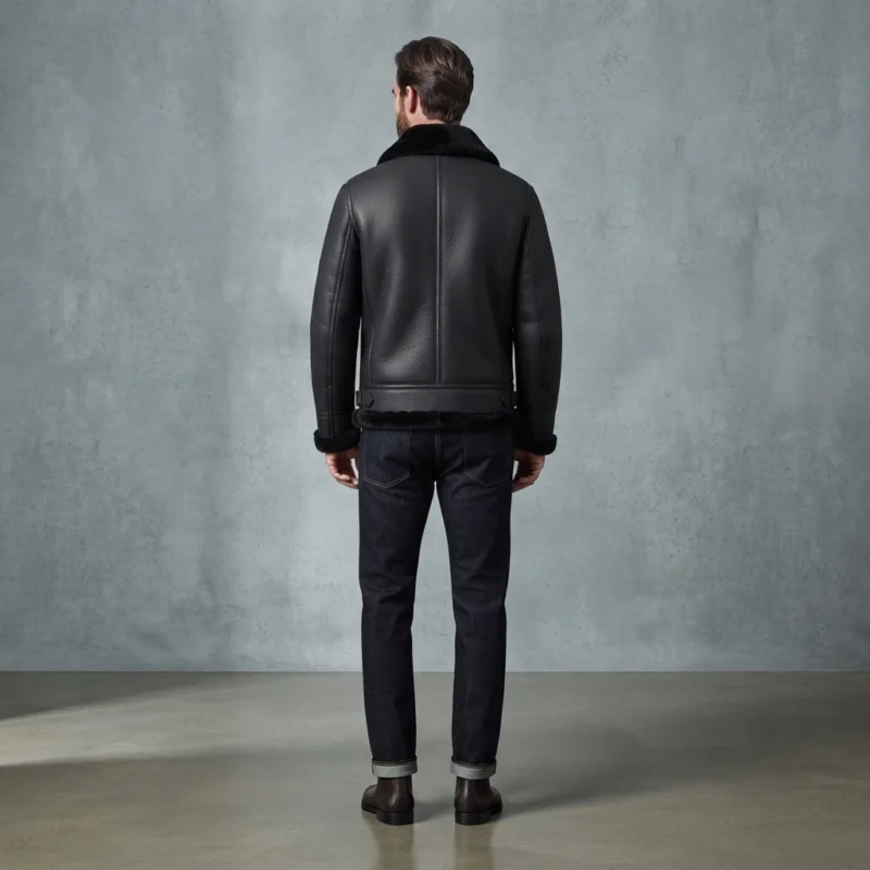 Men’s Black Shearling Leather Aviator Jacket - Image 2