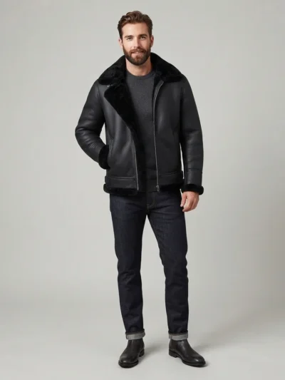 Men’s Black Shearling Leather Aviator Jacket
