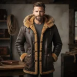 Men’s Black Shearling Leather Aviator Jacket with Fur Hood