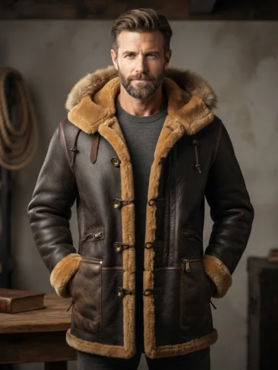 Men’s Black Shearling Leather Aviator Jacket with Fur Hood