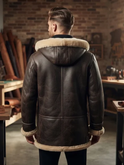 Men’s Black Shearling Leather Aviator Jacket with Fur Hood back