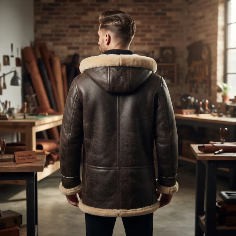 Men’s Black Shearling Leather Aviator Jacket with Fur Hood back