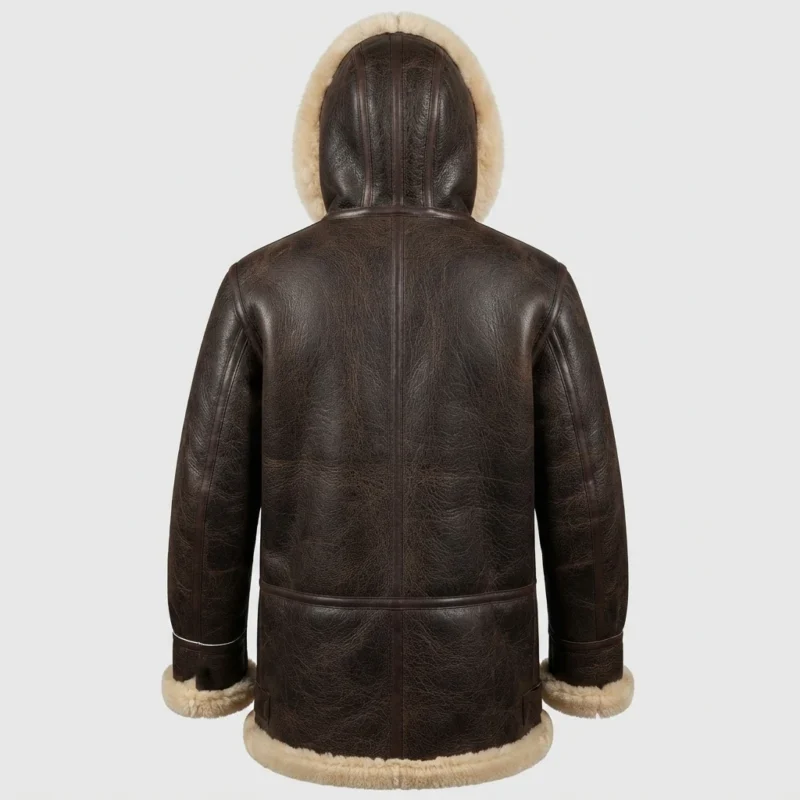 Men’s Black Shearling Leather Aviator Jacket with Fur Hood - Image 3