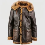 Men’s Black Shearling Leather Aviator Jacket with Fur Hood