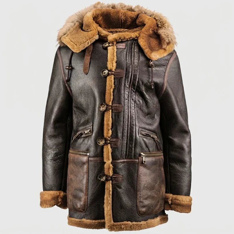 Men’s Black Shearling Leather Aviator Jacket with Fur Hood