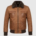 Men’s Brown Leather Bomber Jacket with Shearling Collar and Ribbed Cuffs front