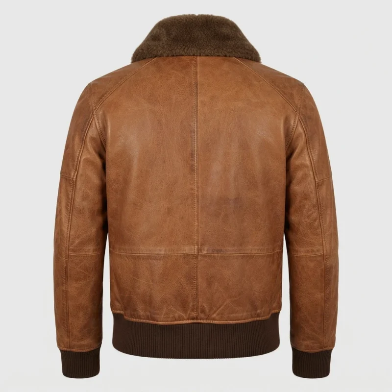 Men’s Brown Leather Bomber Jacket with Shearling Collar and Ribbed Cuffs back