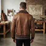 Men’s Brown Leather Bomber Jacket with Shearling Collar and Ribbed Cuffs - Image 2