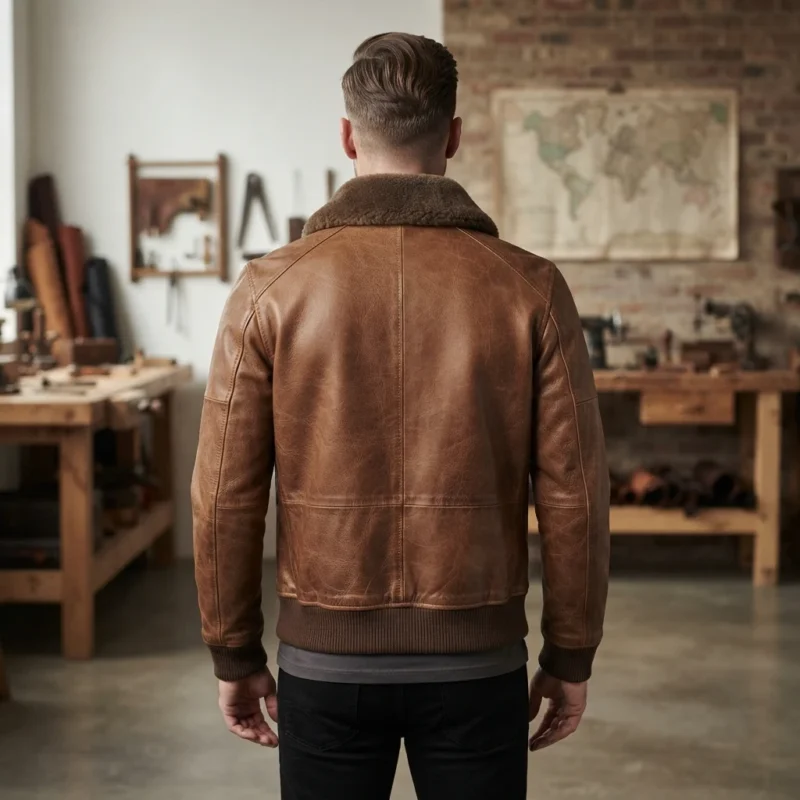 Men’s Brown Leather Bomber Jacket with Shearling Collar and Ribbed Cuffs - Image 2