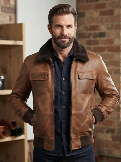 Men’s Brown Leather Bomber Jacket with Shearling Collar and Ribbed Cuffs front