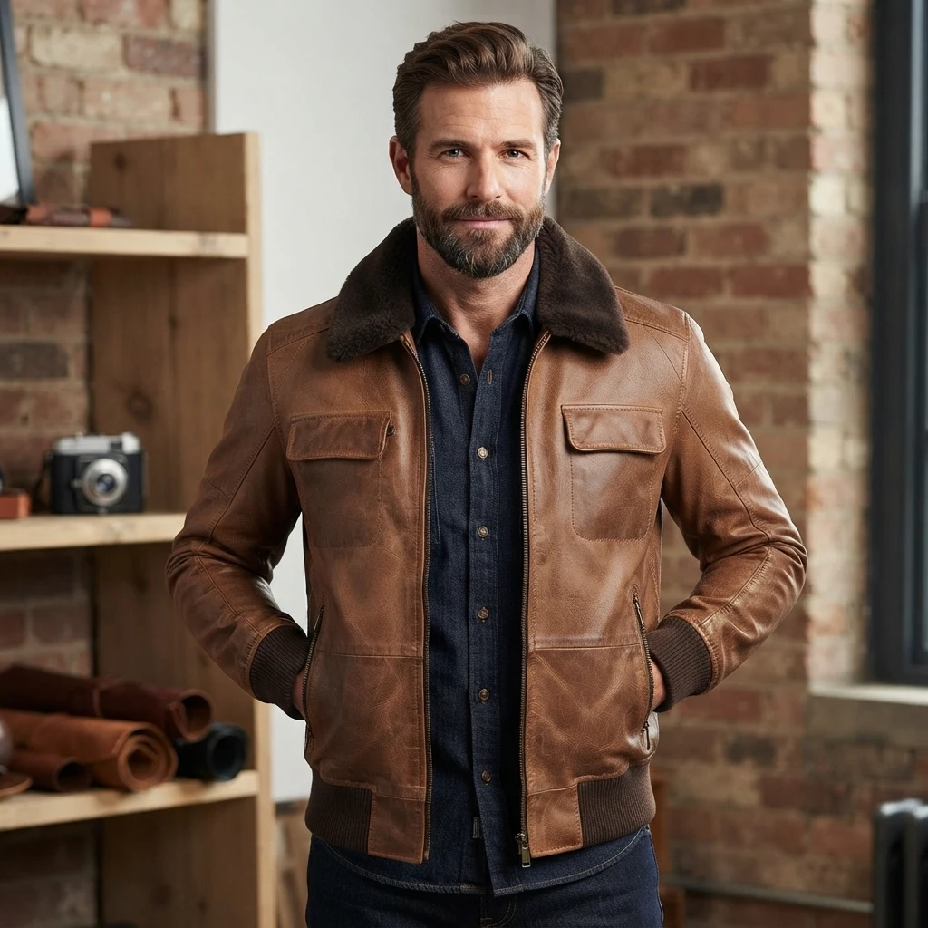 Men’s Brown Leather Bomber Jacket With Shearling Collar And Ribbed Cuffs (4) Men’s Brown Leather Bomber Jacket with Shearling Collar and Ribbed Cuffs front