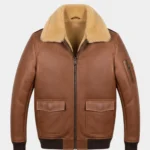Men’s Brown Leather Shearling Collar Bomber Jacket