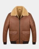 Men’s Brown Leather Shearling Collar Bomber Jacket