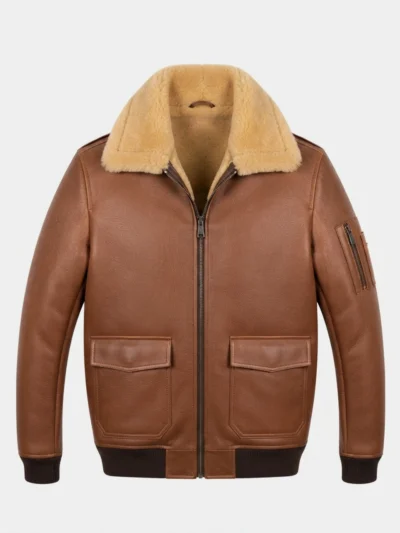Men’s Brown Leather Shearling Collar Bomber Jacket