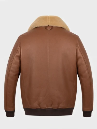 Men’s Brown Leather Shearling Collar Bomber Jacket back