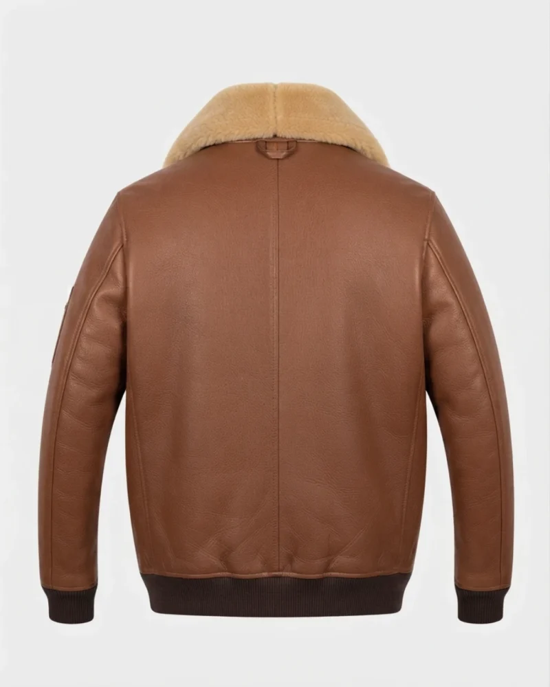Men’s Brown Leather Shearling Collar Bomber Jacket back