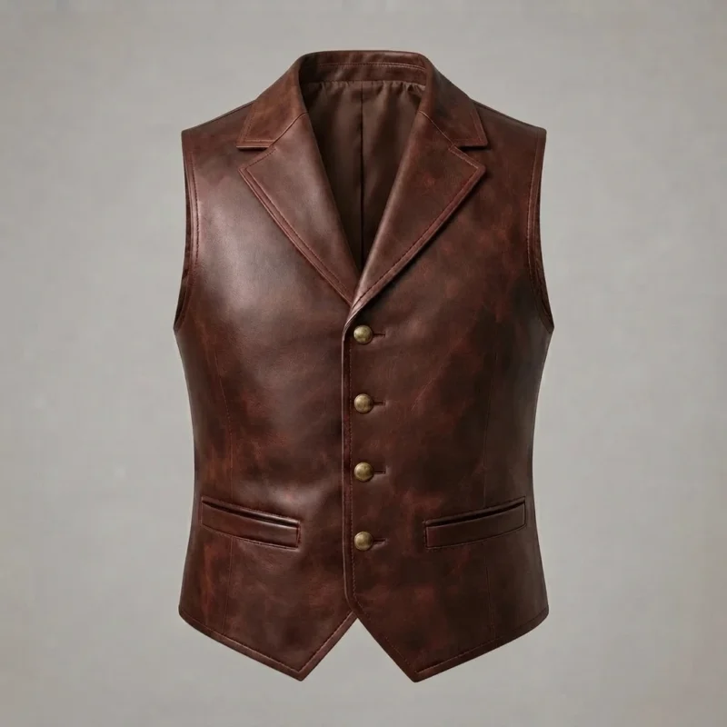 Mens Brown Leather Suit Vest – Classic Notch Lapel Waistcoat