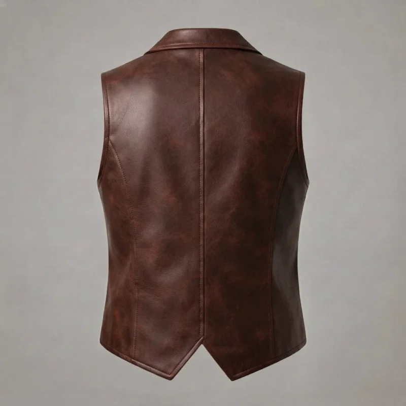 Mens Brown Leather Suit Vest – Classic Notch Lapel Waistcoat backside