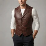 Mens Brown Leather Suit Vest – Classic Notch Lapel Waistcoat front