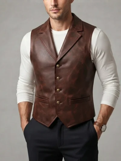 Mens Brown Leather Suit Vest – Classic Notch Lapel Waistcoat front