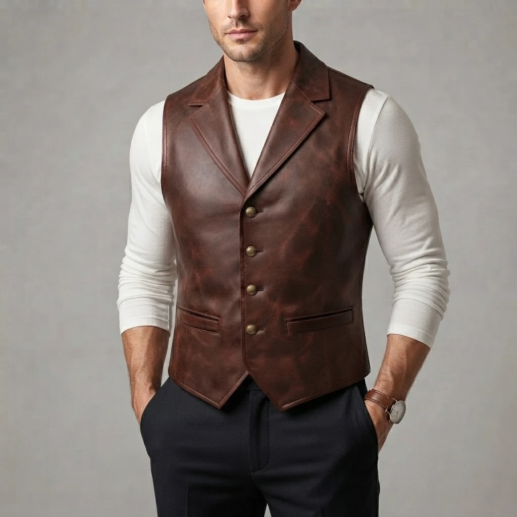 Mens Brown Leather Suit Vest – Classic Notch Lapel Waistcoat (3) Mens Brown Leather Suit Vest – Classic Notch Lapel Waistcoat front