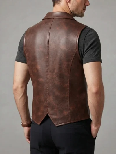 Mens Brown Leather Suit Vest – Classic Notch Lapel Waistcoat back