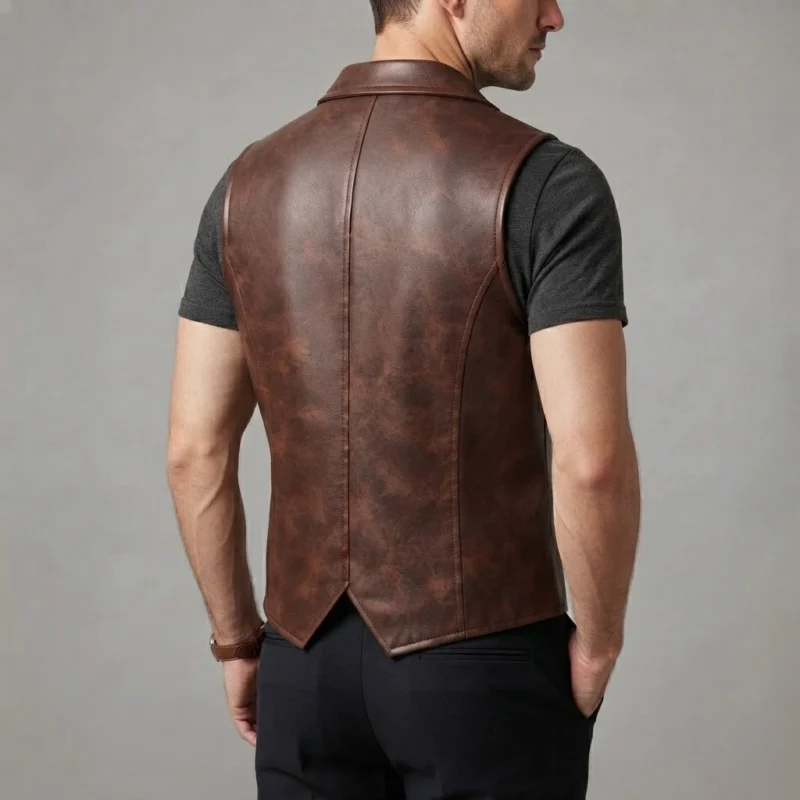 Mens Brown Leather Suit Vest – Classic Notch Lapel Waistcoat back