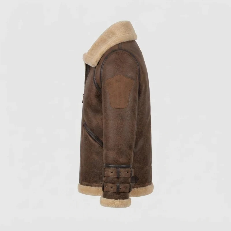 Men’s Vintage Brown Shearling Flight Jacket – Cream Fur Trim & Leather-Style Finish - Image 4
