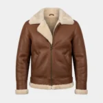 Men’s Brown Shearling Aviator Jacket with Cream Fur Collar front