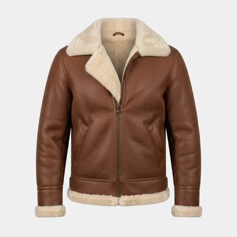 Men’s Brown Shearling Aviator Jacket with Cream Fur Collar front