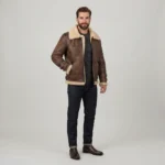 Men’s Vintage Brown Shearling Flight Jacket – Cream Fur Trim & Leather-Style Finish