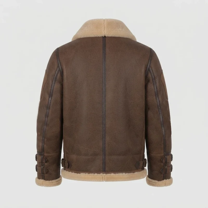 Men’s Brown Shearling Aviator Jacket with Cream Fur Collar back