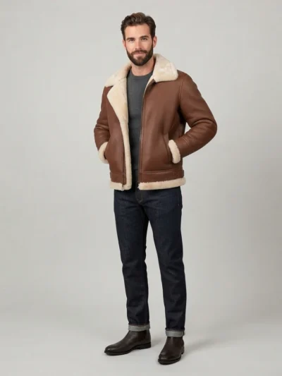 Men’s Brown Shearling Aviator Jacket with Cream Fur Collar