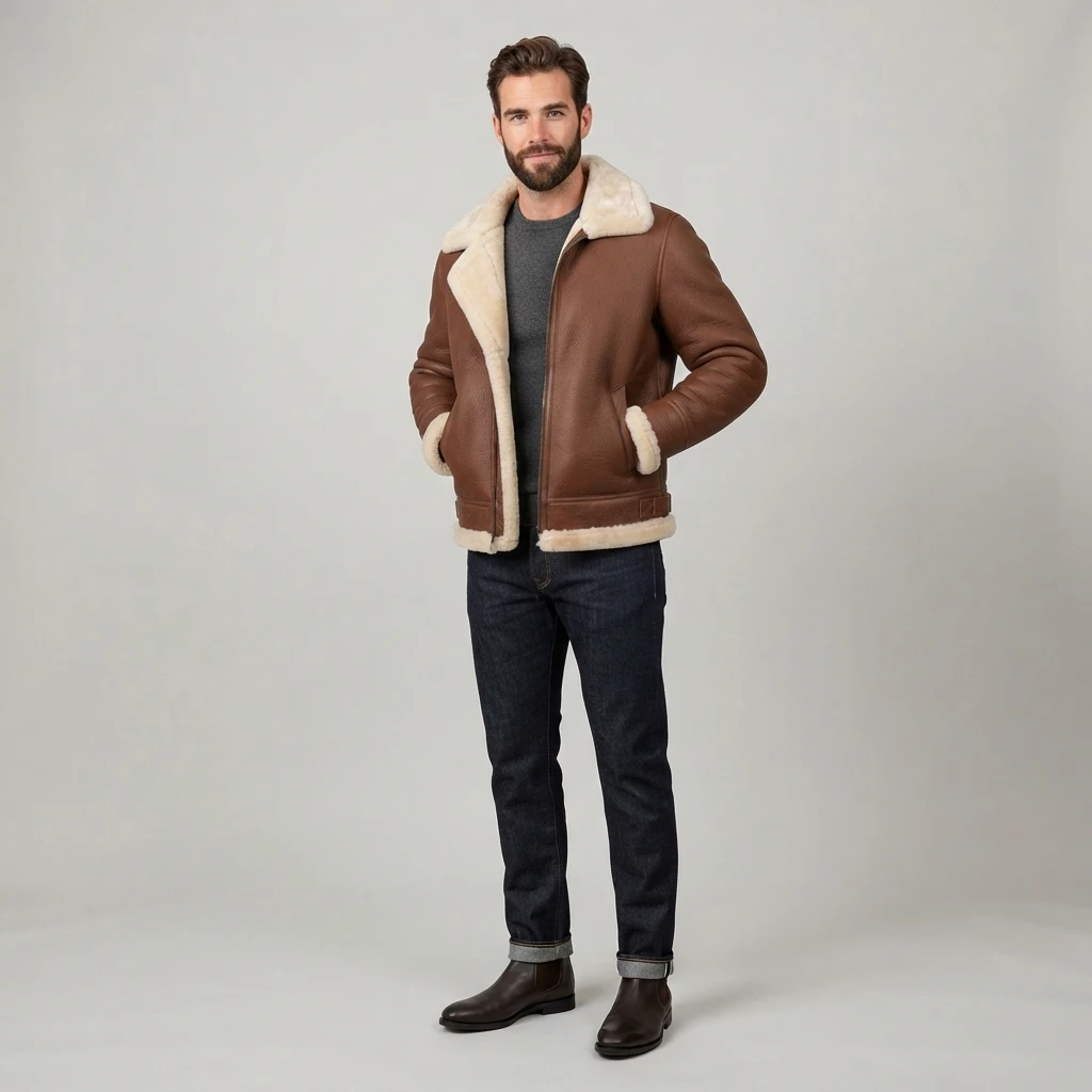 Men’s Brown Shearling Aviator Jacket With Cream Fur Collar (2) Men’s Brown Shearling Aviator Jacket with Cream Fur Collar