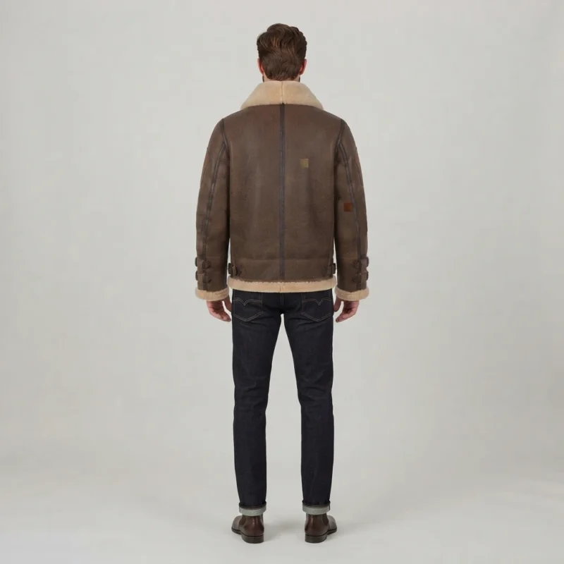 Men’s Brown Shearling Aviator Jacket with Cream Fur Collar back