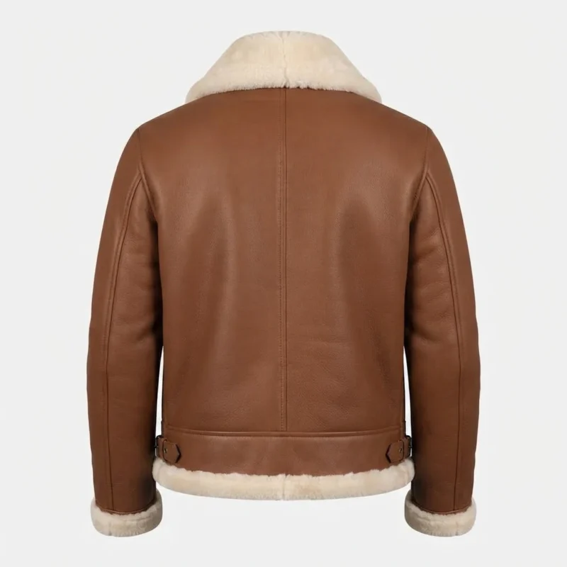Men’s Brown Shearling Aviator Jacket with Cream Fur Collar - Image 4