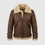 Men’s Brown Shearling Aviator Jacket with Cream Fur Collar