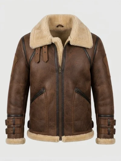 Men’s Brown Shearling Aviator Jacket with Cream Fur Collar