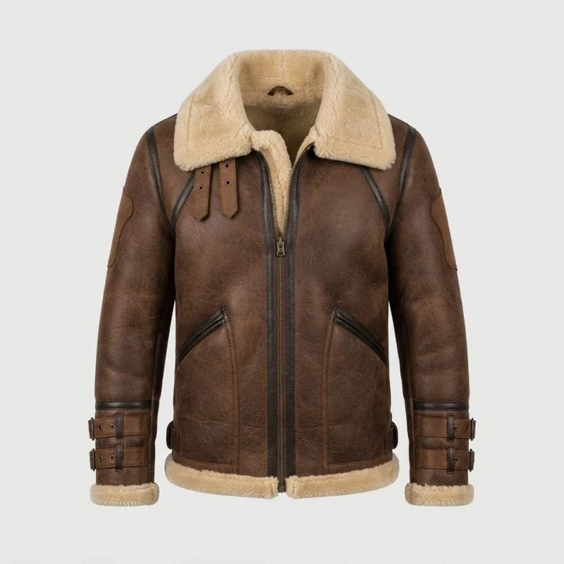 Men’s Brown Shearling Aviator Jacket with Cream Fur Collar