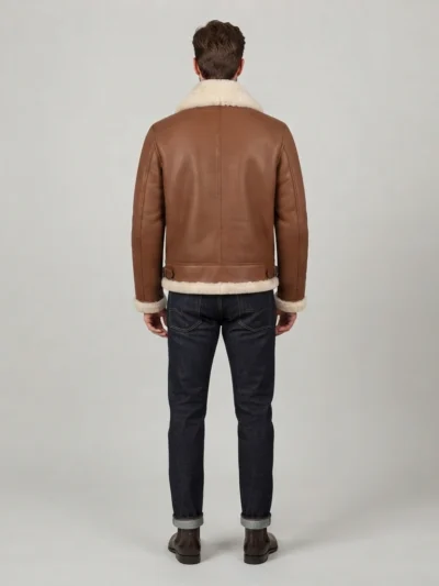 Men’s Brown Shearling Aviator Jacket with Cream Fur Collar back
