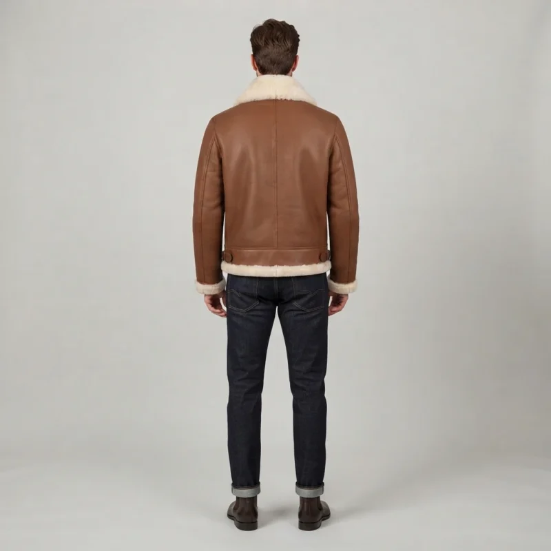 Men’s Brown Shearling Aviator Jacket with Cream Fur Collar back