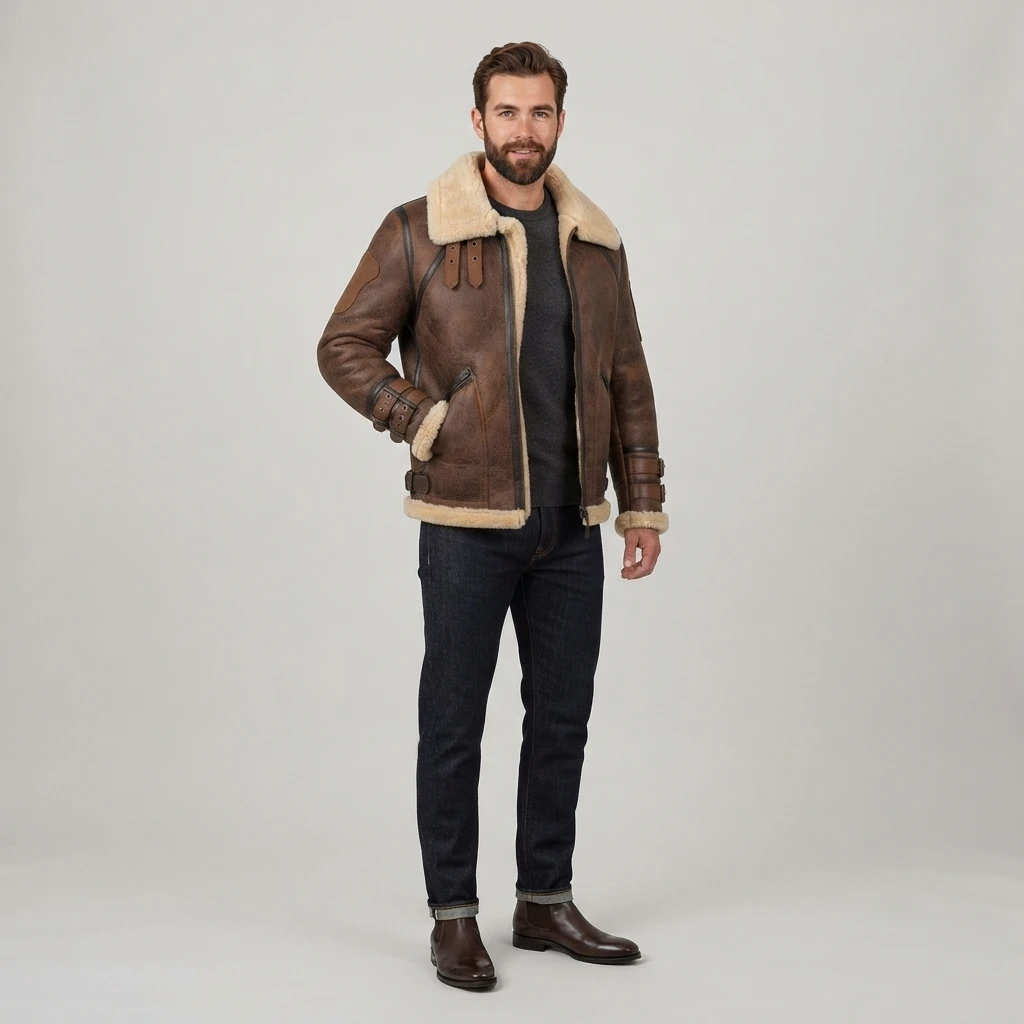 Men’s Brown Shearling Aviator Jacket With Cream Fur Collar Men’s Vintage Brown Shearling Flight Jacket – Cream Fur Trim & Leather-Style Finish - Image 1