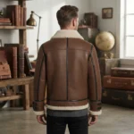 Men’s Brown Shearling Leather Aviator Jacket with Buckle Cuffs back