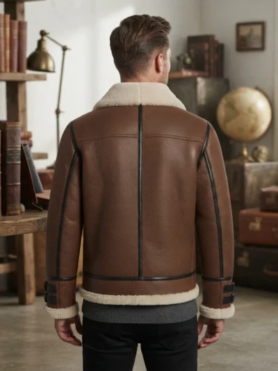 Men’s Brown Shearling Leather Aviator Jacket with Buckle Cuffs back