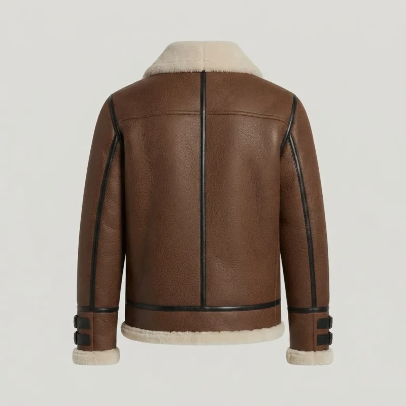 Men’s Brown Shearling Leather Aviator Jacket with Buckle Cuffs back