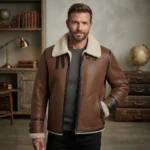 Men’s Brown Shearling Leather Aviator Jacket with Buckle Cuffs