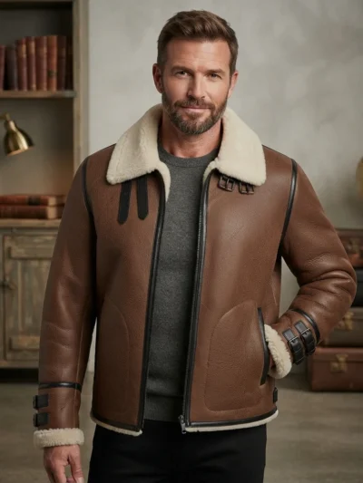 Men’s Brown Shearling Leather Aviator Jacket with Buckle Cuffs